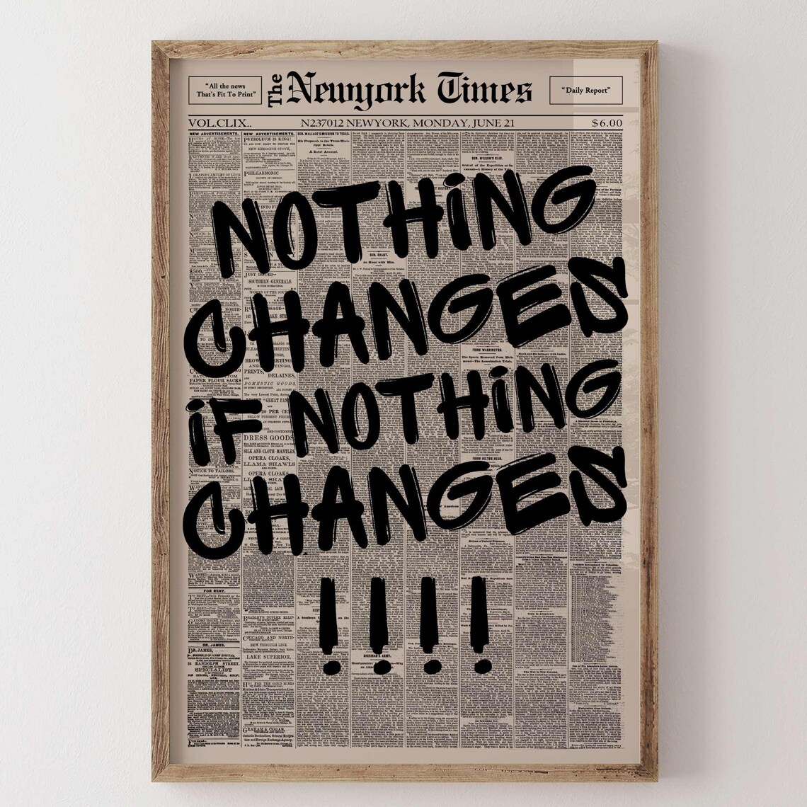 Retro Nothing Changes If Newspaper Print Typography Poster Motivational Wall Art Canvas Decor Positive Quote