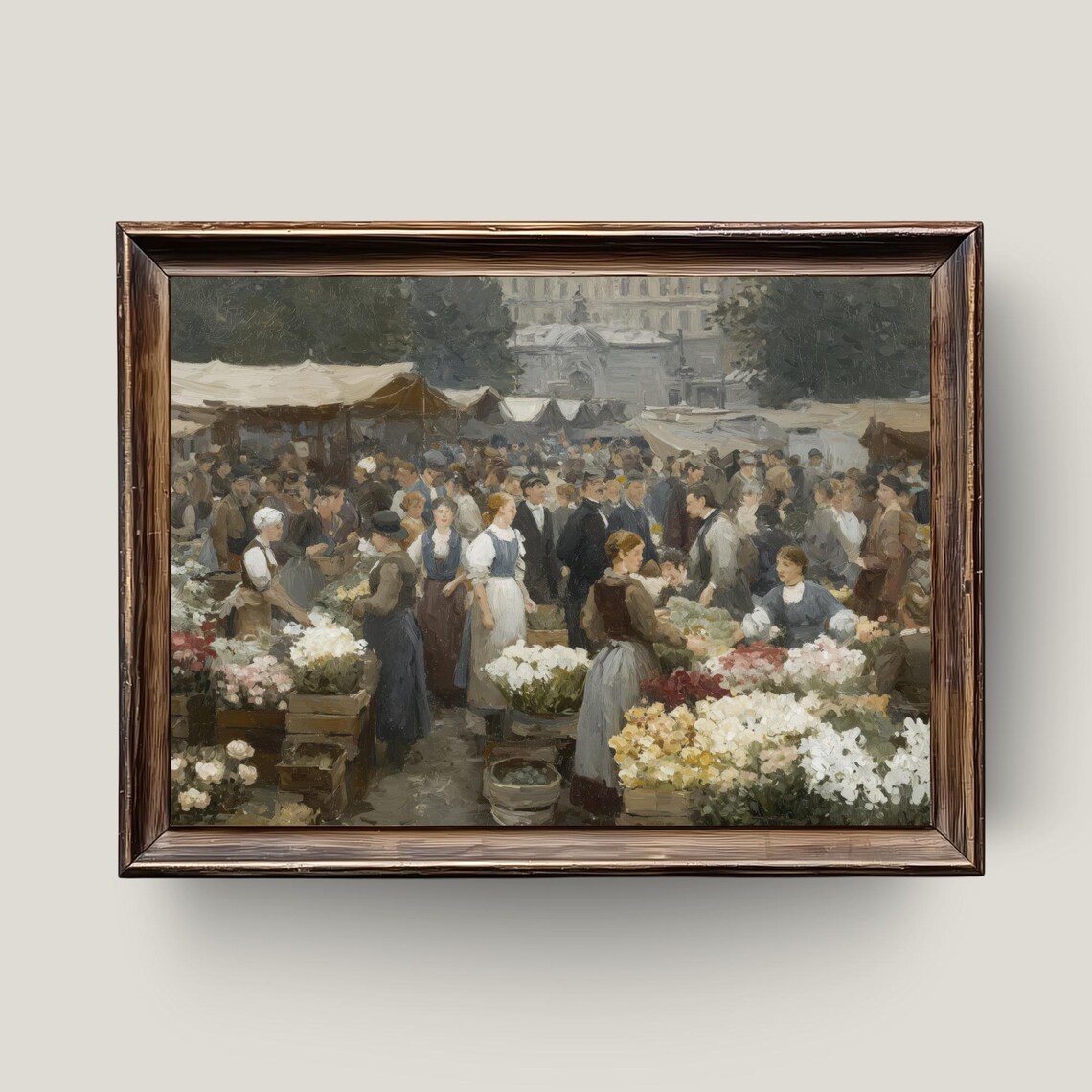 Parisian Flower Market Vintage Oil Painting Bustling Floral Scene Wall Art