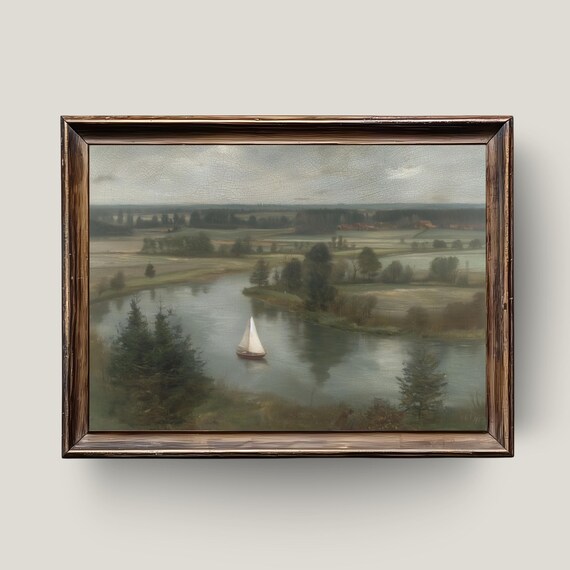 Solitary Sailboat On Silent River Painting With Misty Banks Wall Art