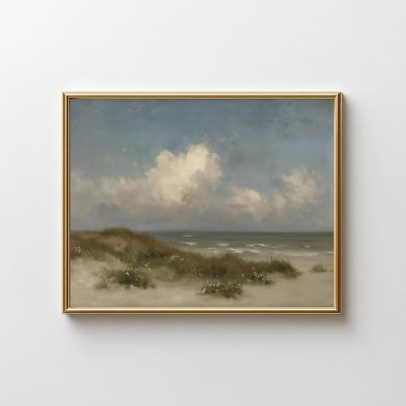 Tranquil Seaside Painting Soft Clouds Beach Dunes Neutral Poster