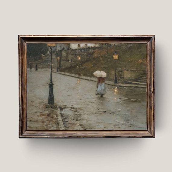 Rainy Street Painting Vintage Cityscape With Woman And Umbrella