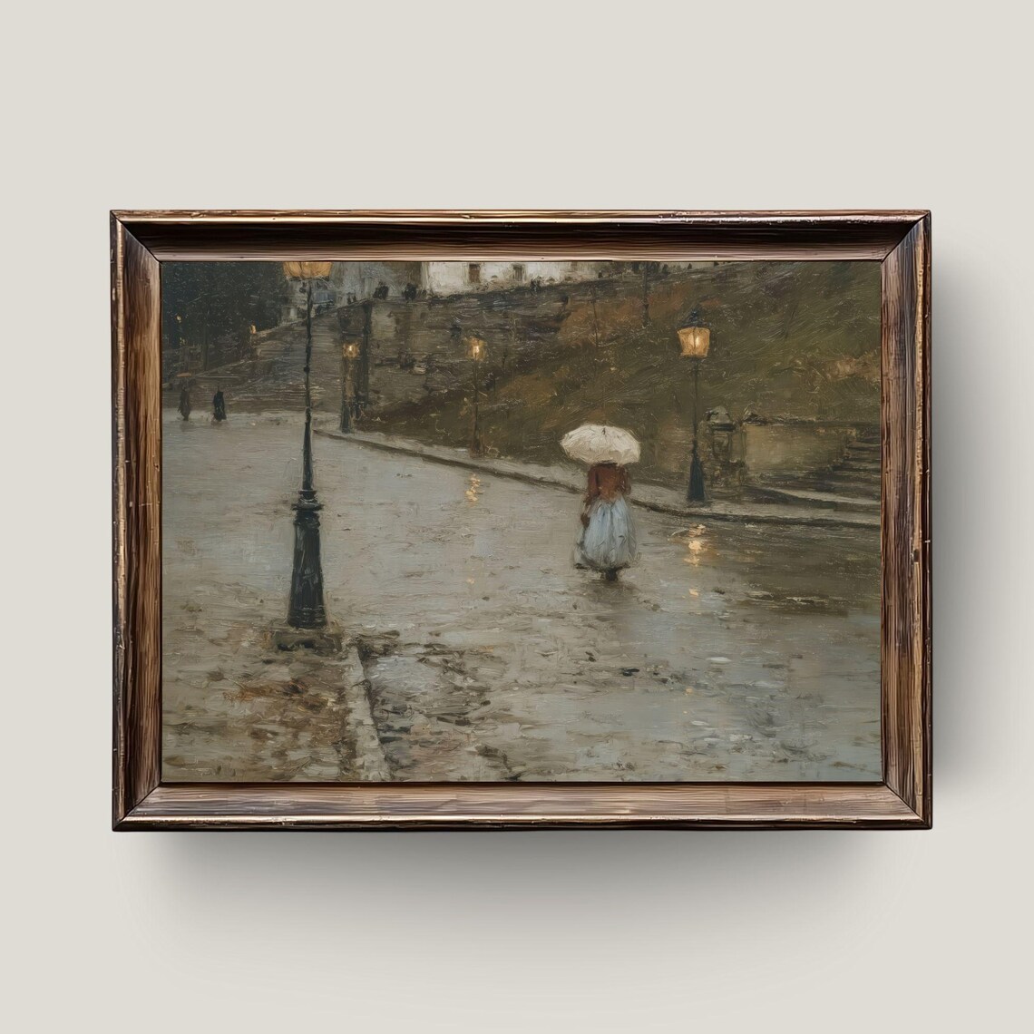 Rainy Vintage Street Scene with Lady and Umbrella Cityscape Poster