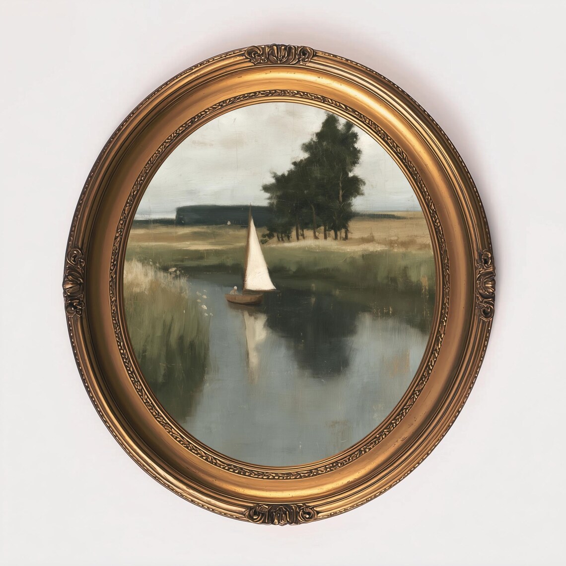Vintage Oval Sailboat Painting Quiet River Reflection Art Poster
