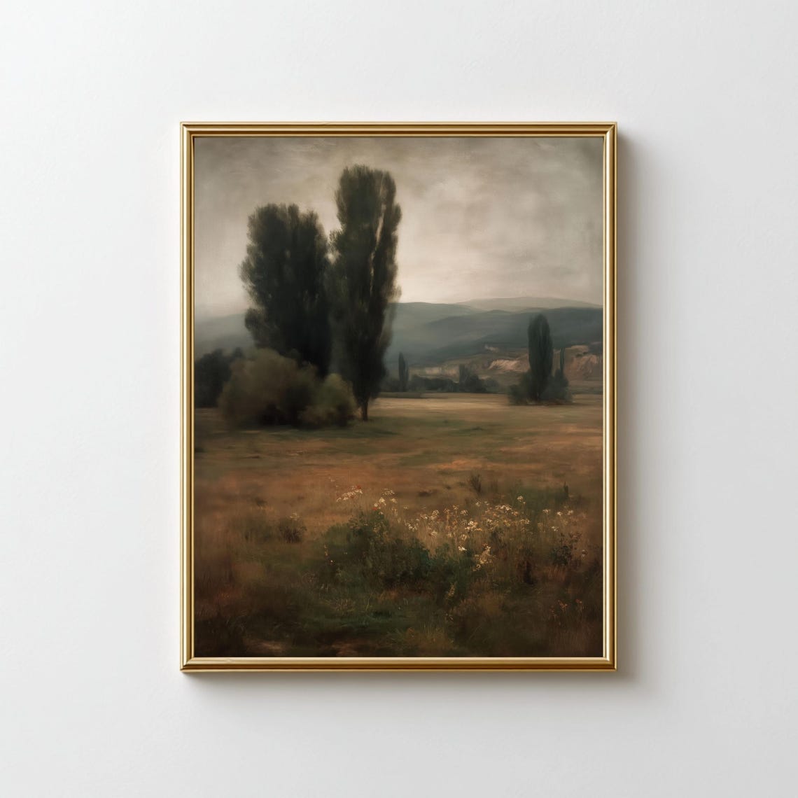 Moody Rustic Meadow Tall Dark Trees Vintage Landscape Painting Print