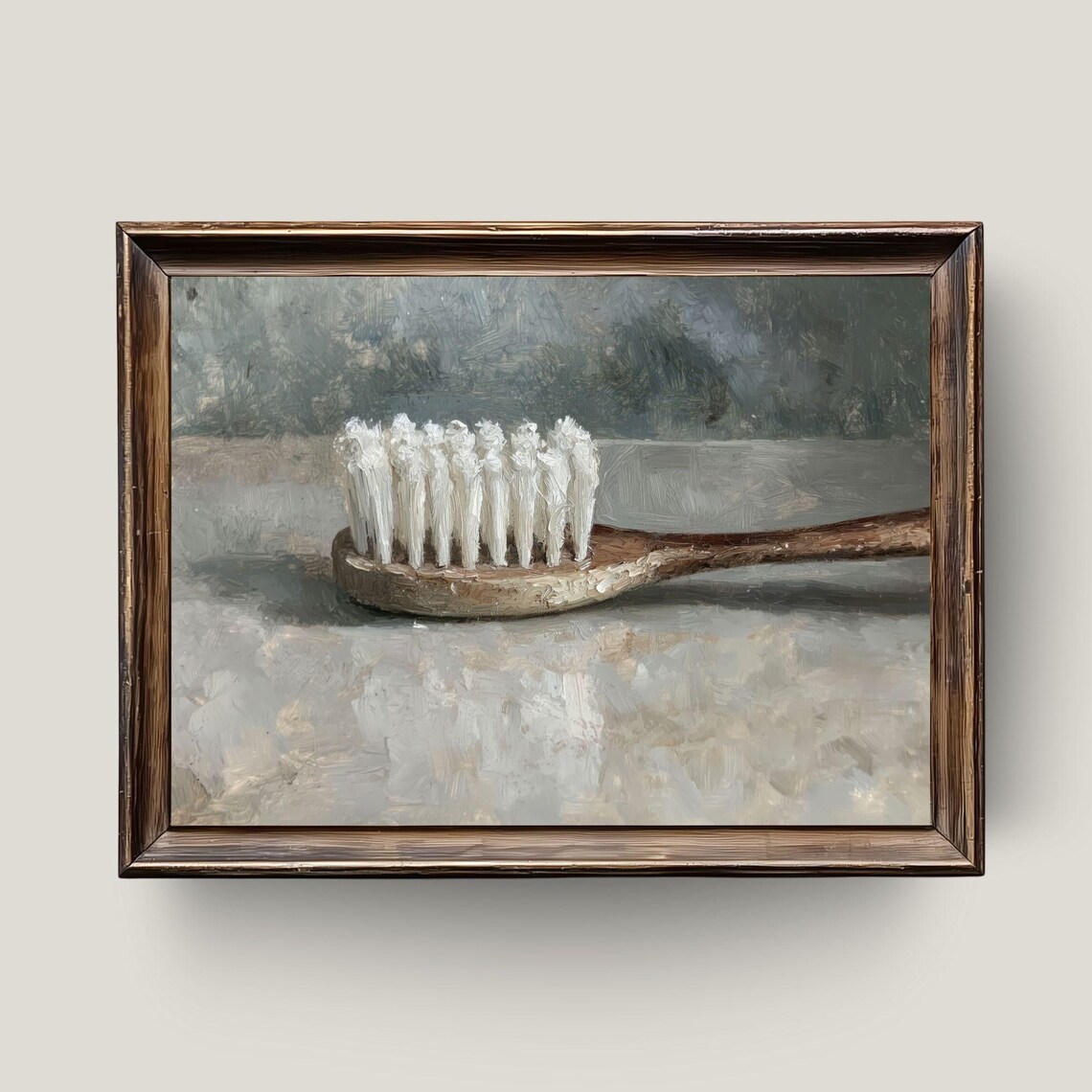 Vintage Wooden Toothbrush Still Life Gray Tones Oil Painting Poster