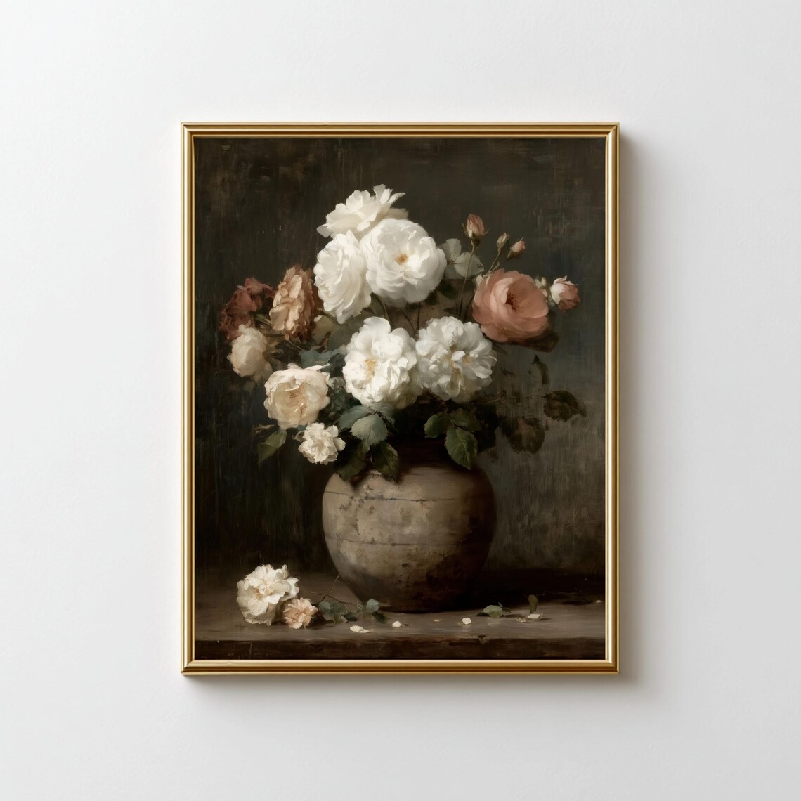Classic Vintage White Roses Bouquet in Clay Vase Still Life Print