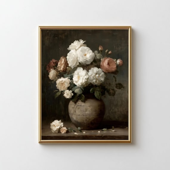 Vintage Floral Vase Classic Still Life Wall Art Neutral Botanical Painting Elegant Flower Decor Print