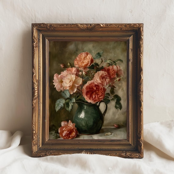 Romantic Rose Bouquet Painting Vintage Floral Still Life Art Elegant Botanical Wall Print Classic Cottage Decor