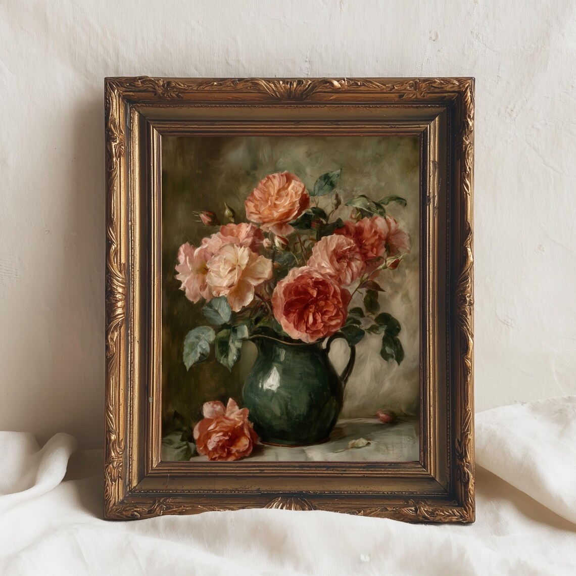Romantic Vintage Roses Oil Painting Pink Blooms Green Jug Wall Art