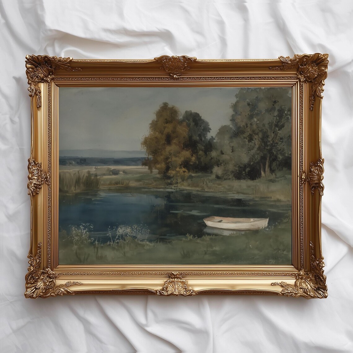 Tranquil Lake Rowboat Calm Water Trees Vintage Landscape Art Poster