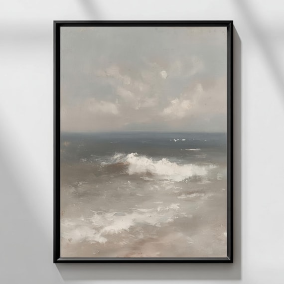 Neutral Tones Abstract Ocean Waves Coastal Seascape Painting Print