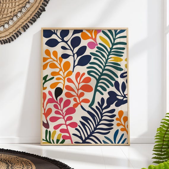 Boho Mid Century Fern Print Bold Abstract Botanical Pattern Retro Minimalist Wall Art