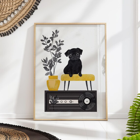 Pug Art Print, Mid-Century Retro Music