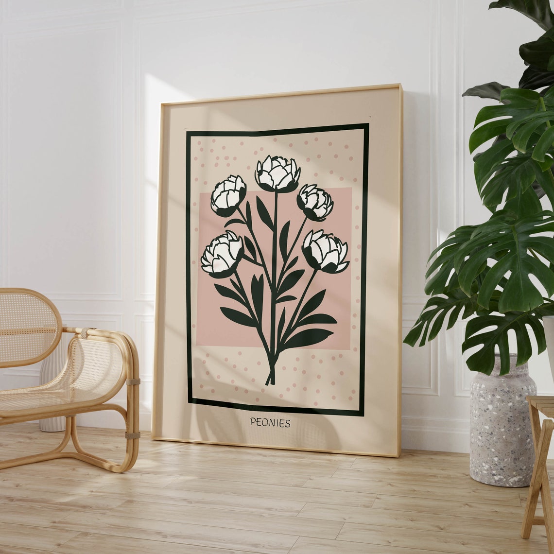 White Peonies Soft Pink Background Modern Floral Botanical Poster