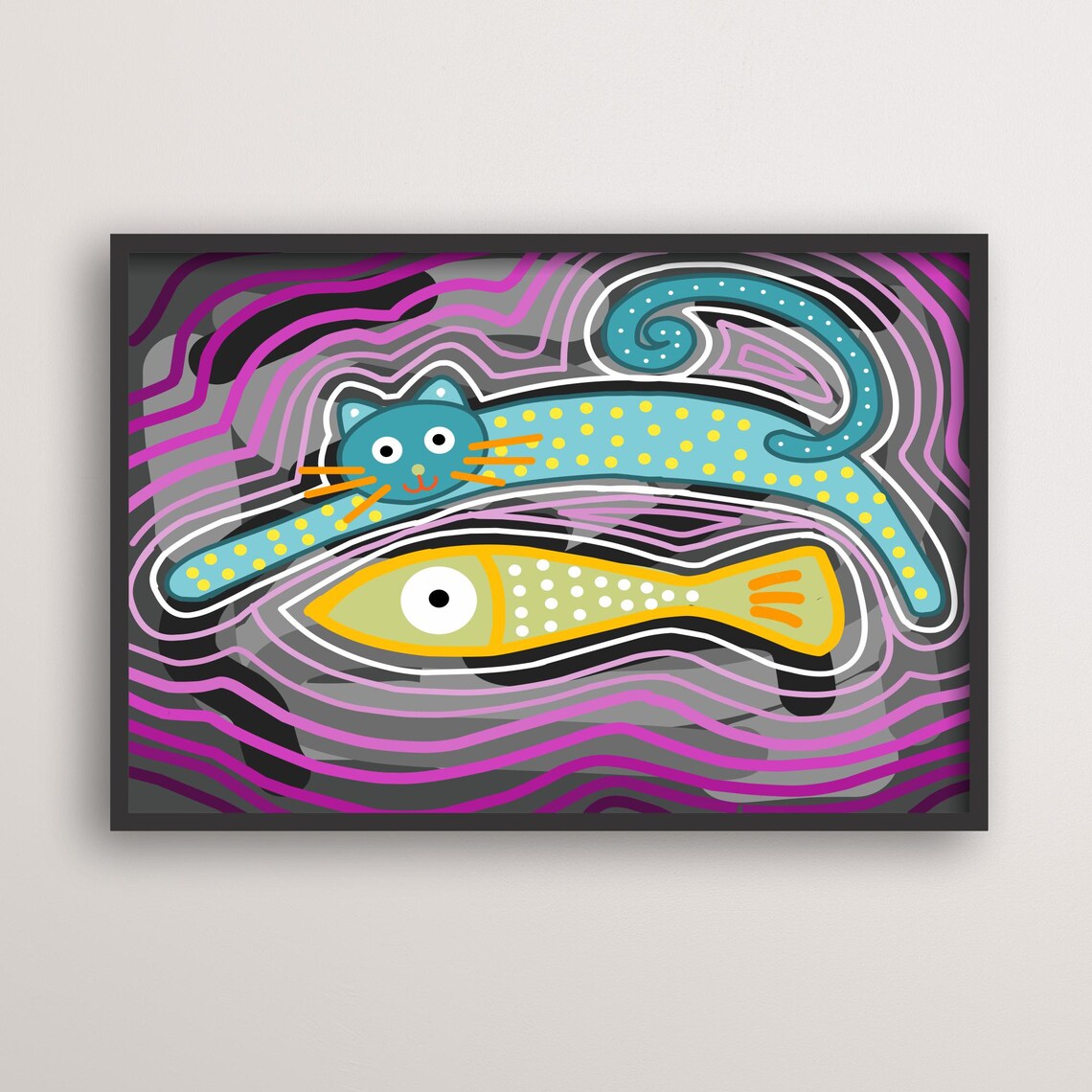 Cat And Fish Art, Whimsical Animal Art Print