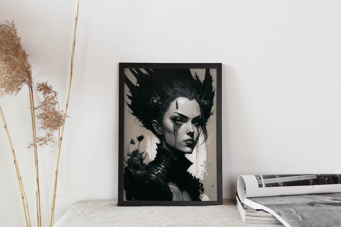 Mystic Dark Sorceress Woman Gothic Ink Portrait Fantasy Wall Art - Image 2