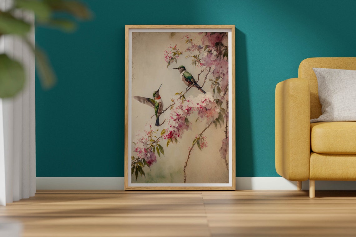 Ruby Throated Hummingbird Pair Cherry Blossom Watercolor Print - Image 2