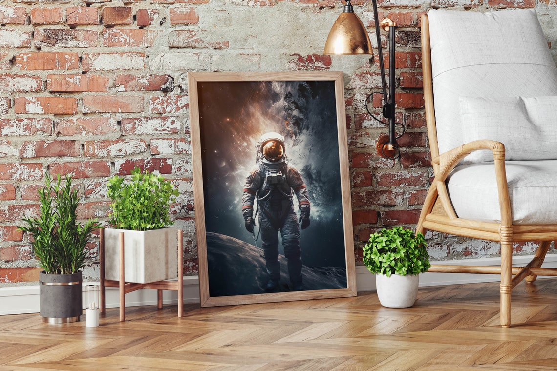 Astronaut Standing on Planet Surface Orange Nebula Glow Poster - Image 2