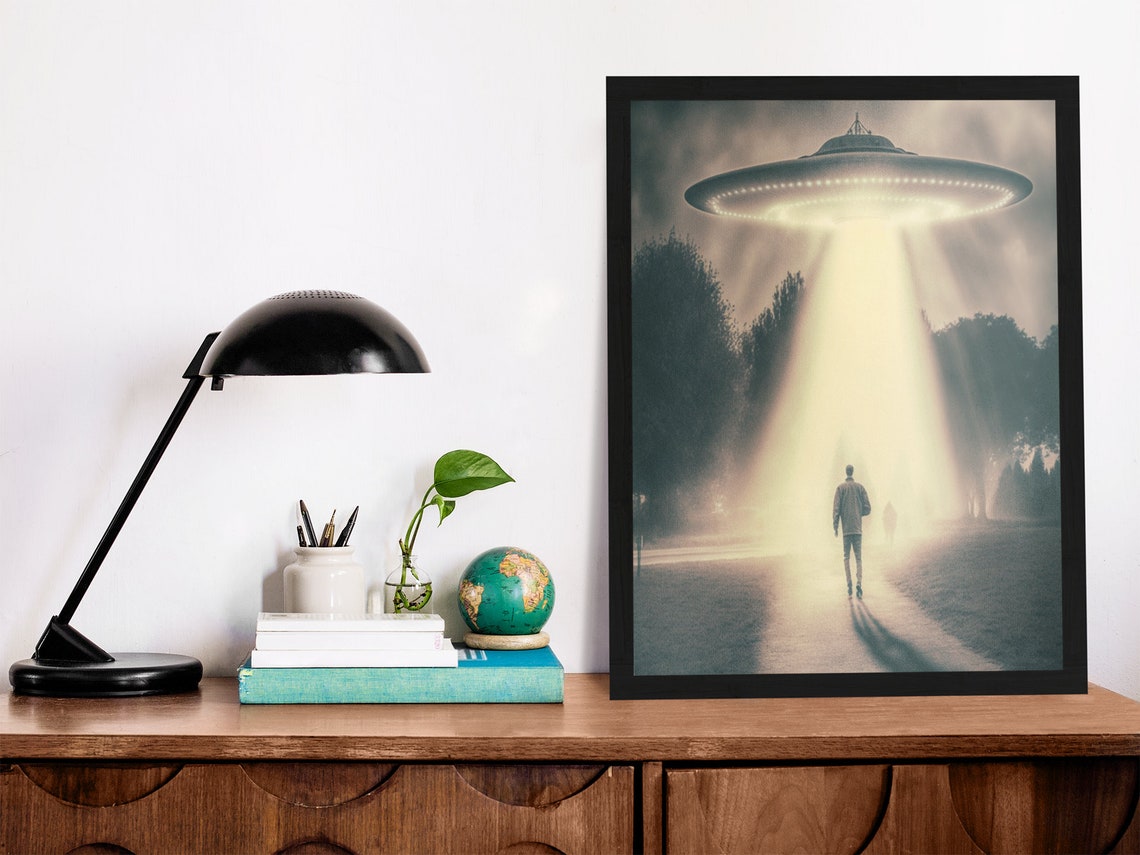 Vintage UFO Sighting Saucer Beam Lone Walker Cosmic Art Poster - Image 2