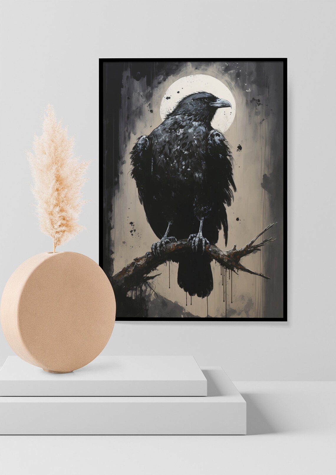 Eerie Black Bird Moon Night Dark Ink Portrait Gothic Wall Art - Image 2