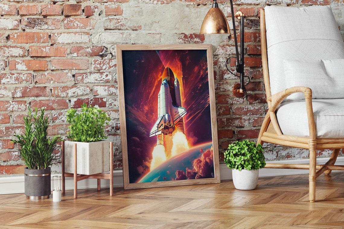 Space Shuttle Ascending Over Earth Red Nebula Sky Rocket Poster - Image 2