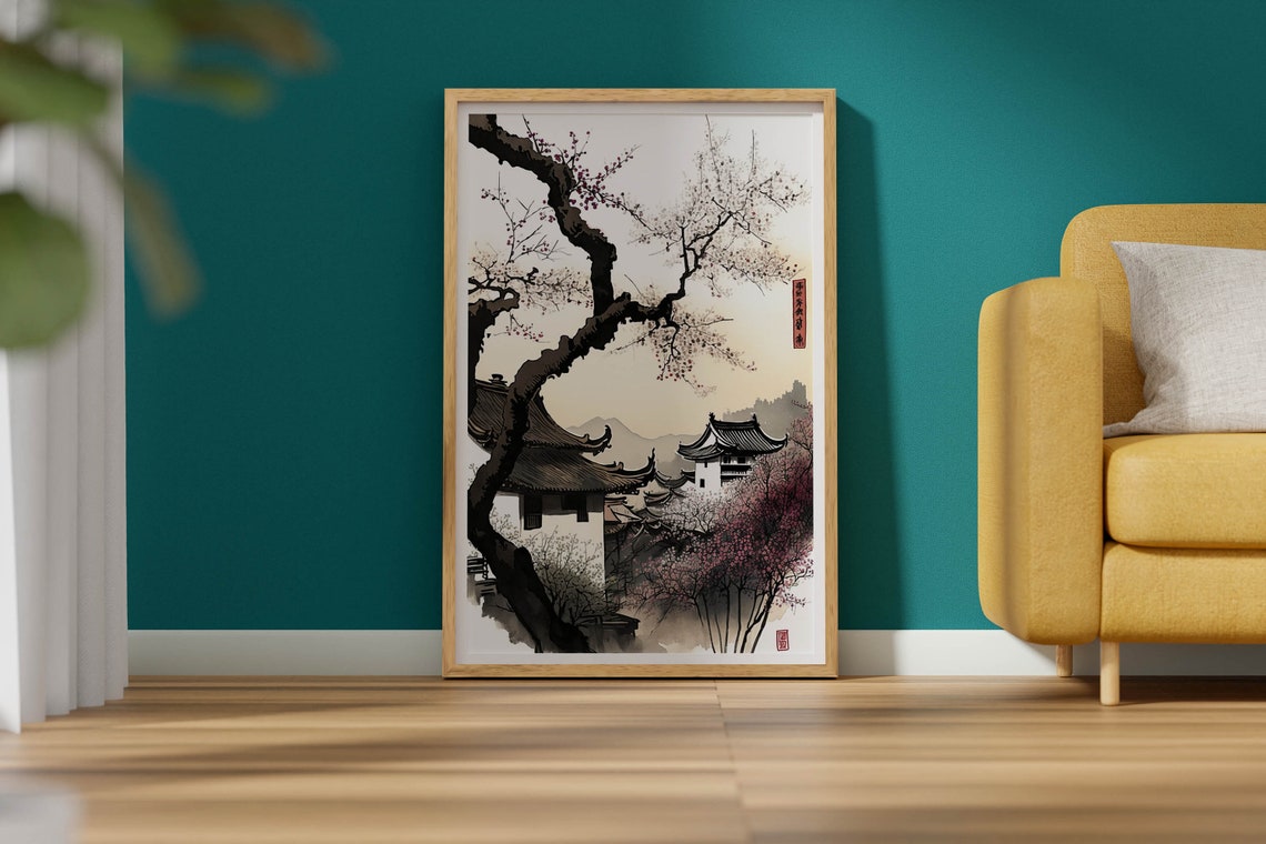 Japanese Watercolor Art Print Japanese Garden Landscape Ink Painting Japanese Art Original Artwork Japanese Decor Living Room Large Wall Art - Image 2