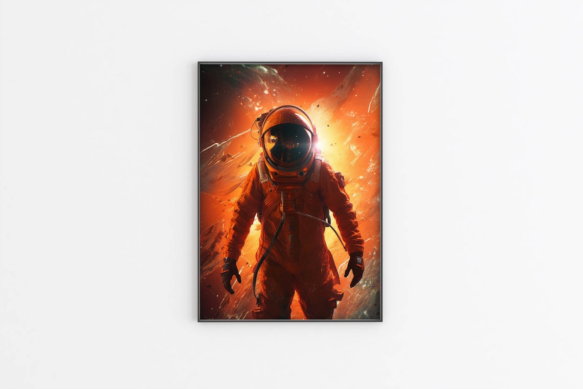Astronaut in Orange Suit Walking Through Fiery Nebula Poster - Image 2