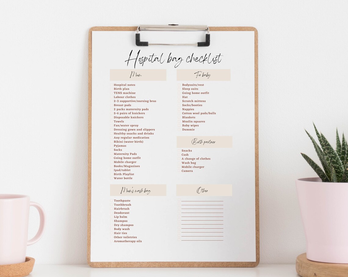 Hospital Bag Checklist Mum Baby Birth Partner New Parent List Poster