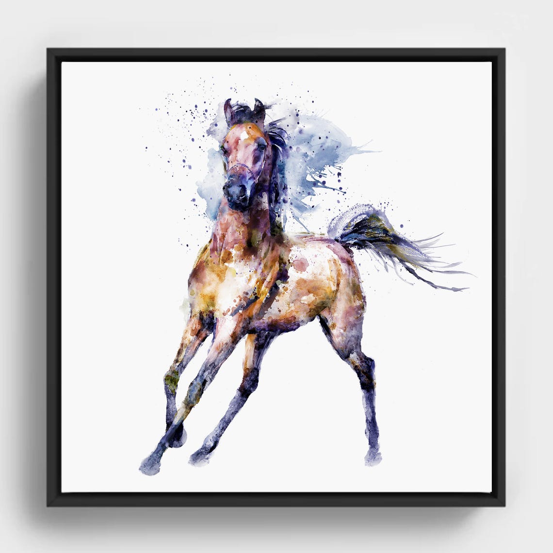 Galloping Arabian Horse Watercolor Splatter Art Poster In Black Frame