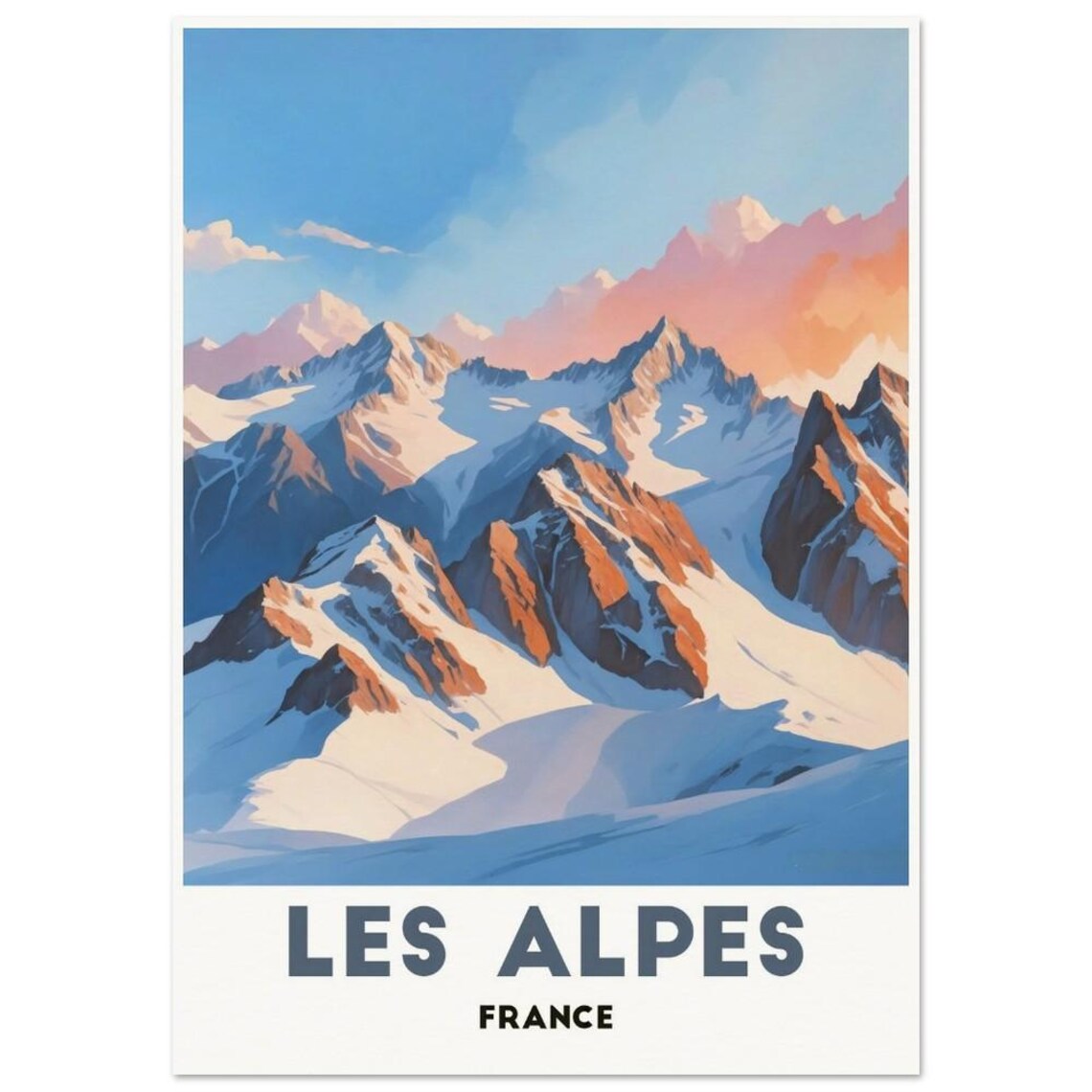 Les Alpes France Snowy Mountain Peaks At Sunrise Travel Poster - Image 3