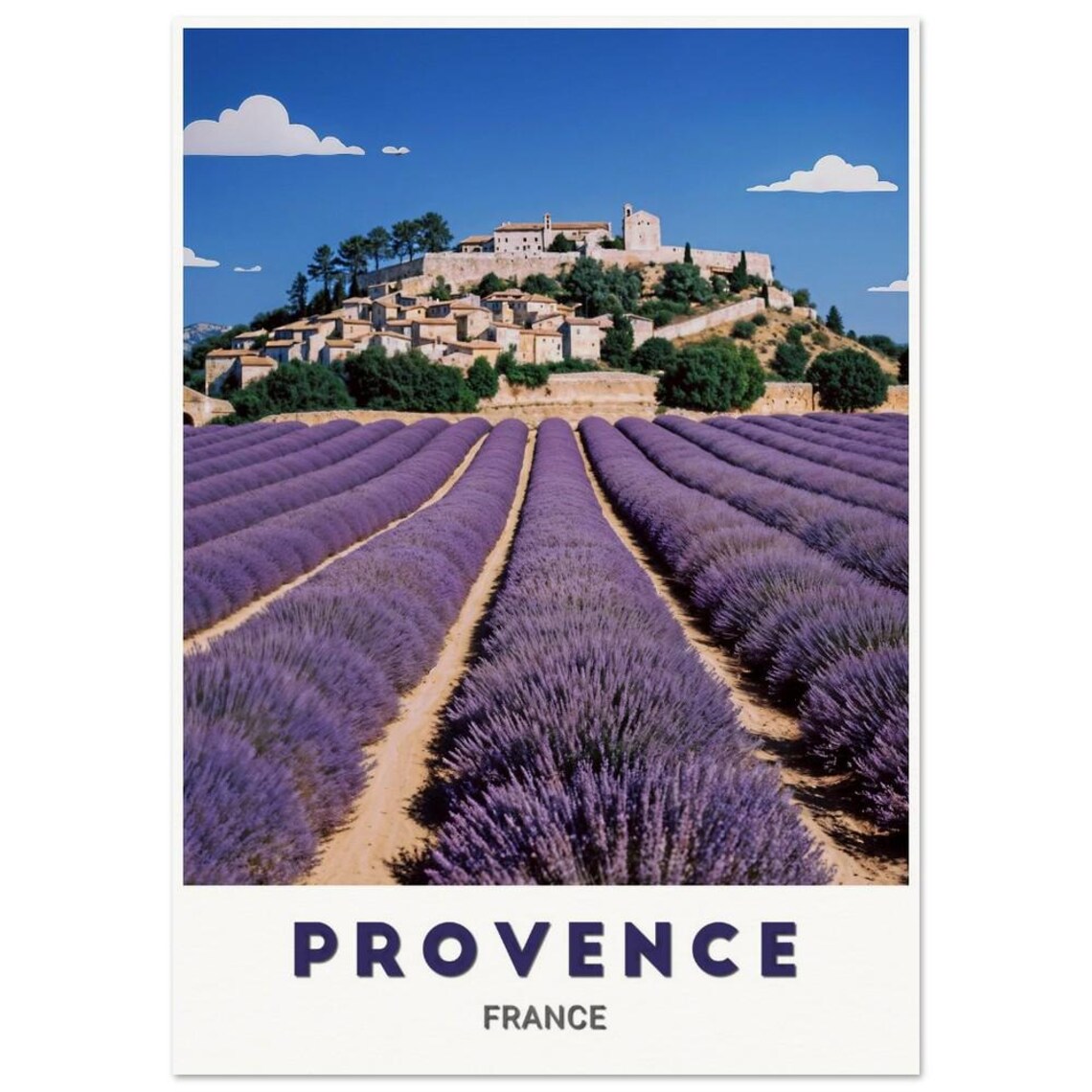 Provence France Lavender Rows Hilltop Village Blue Sky Poster