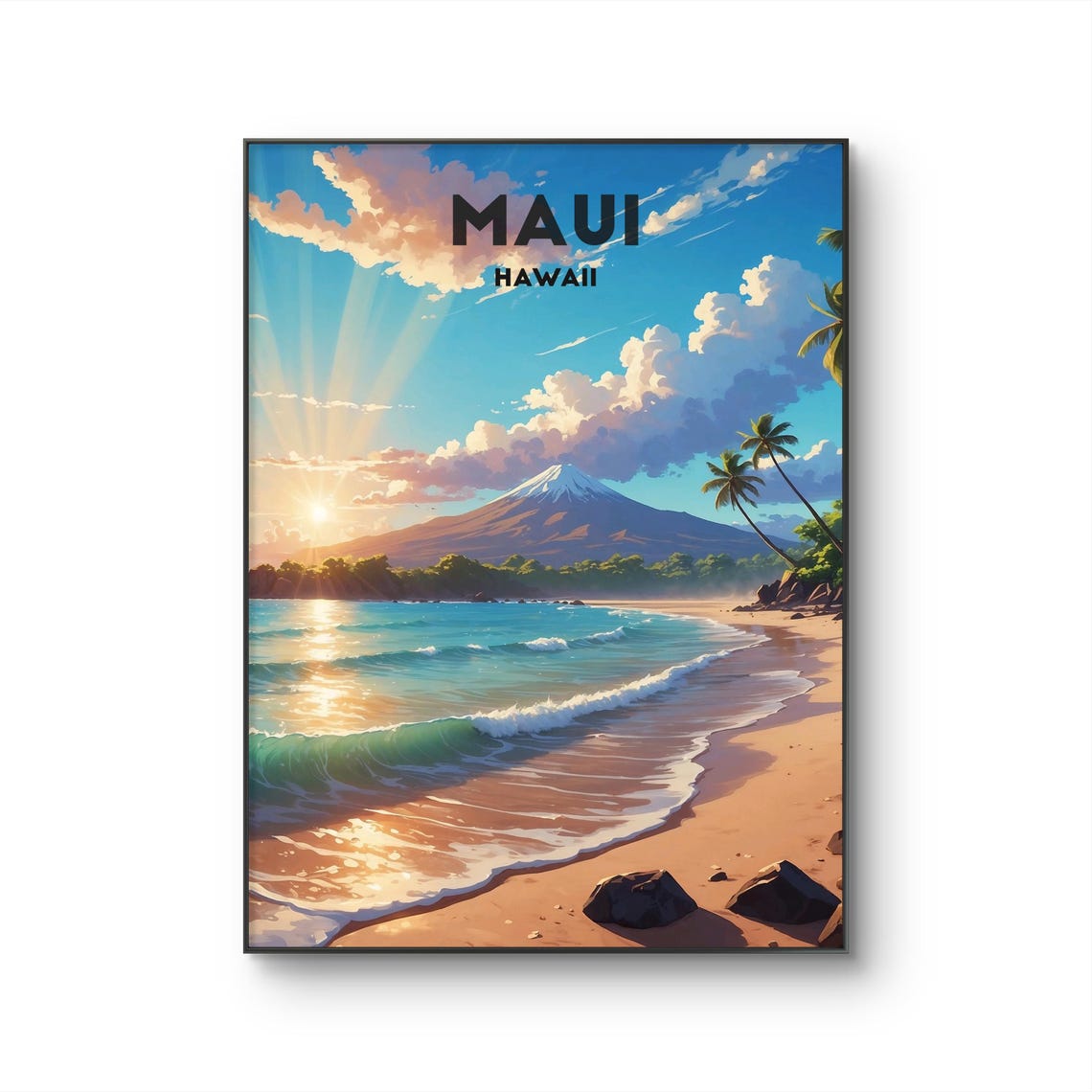 Maui Hawaii Sunset Palm Beach Golden Hour Waves Travel Poster - Image 2