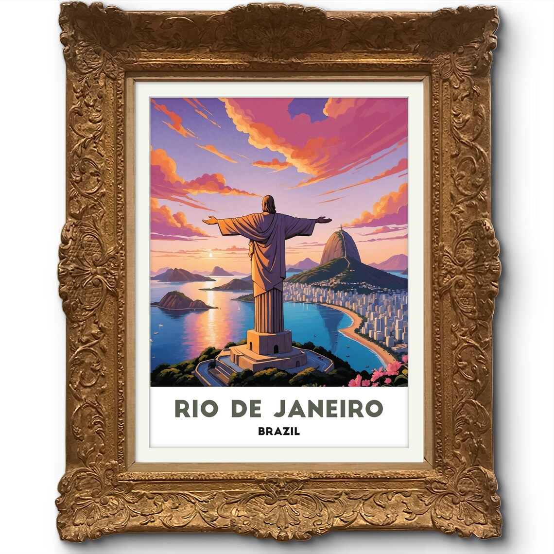 Rio de Janeiro Christ the Redeemer Over the Bay Sunset Travel Poster - Image 3