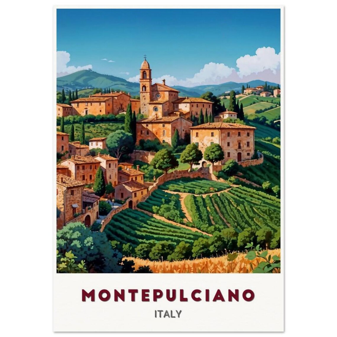 Montepulciano Italy Tuscan Hilltop Town Vineyard Travel Poster