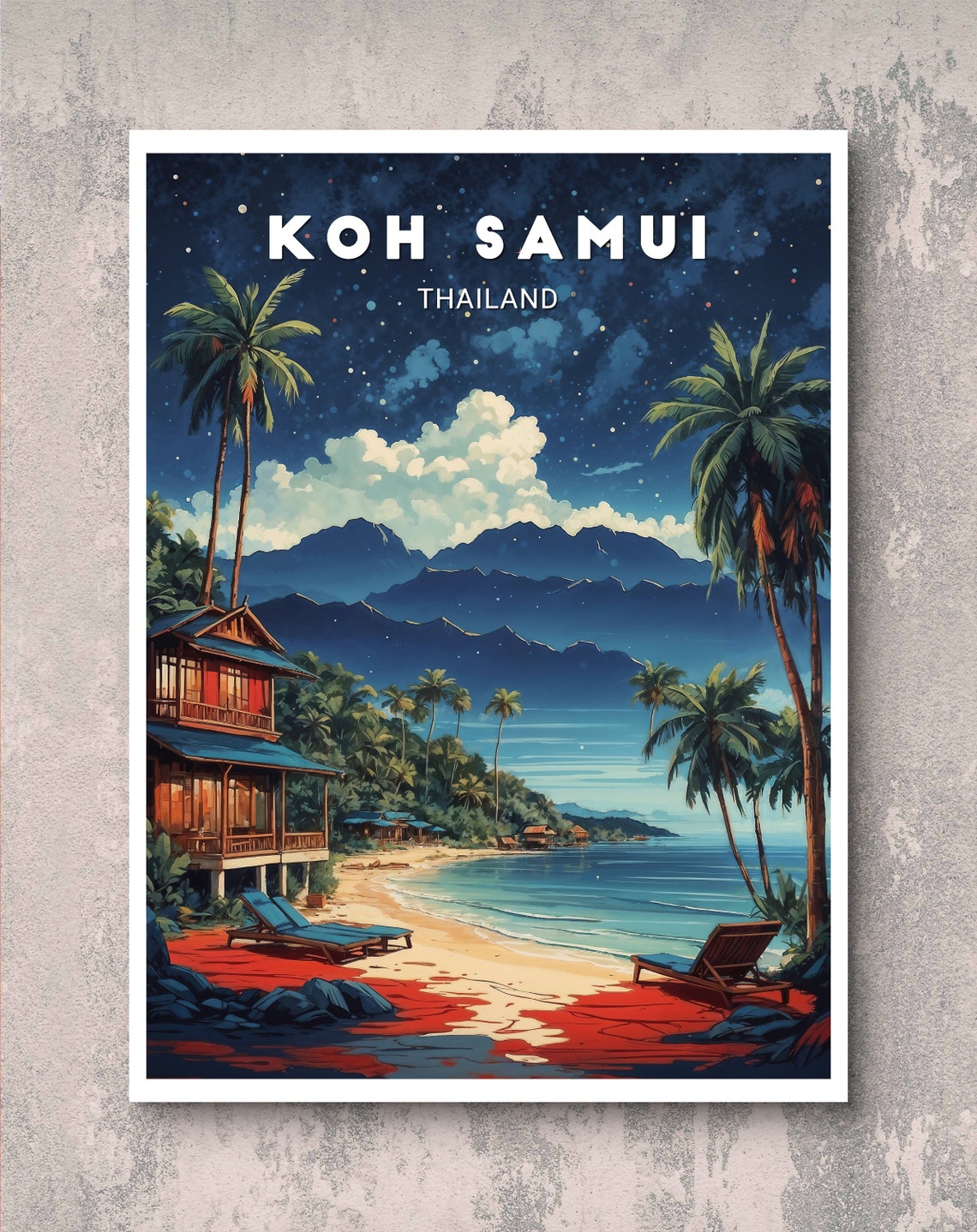 Koh Samui Thailand Starry Night Beach With Palms Travel Poster