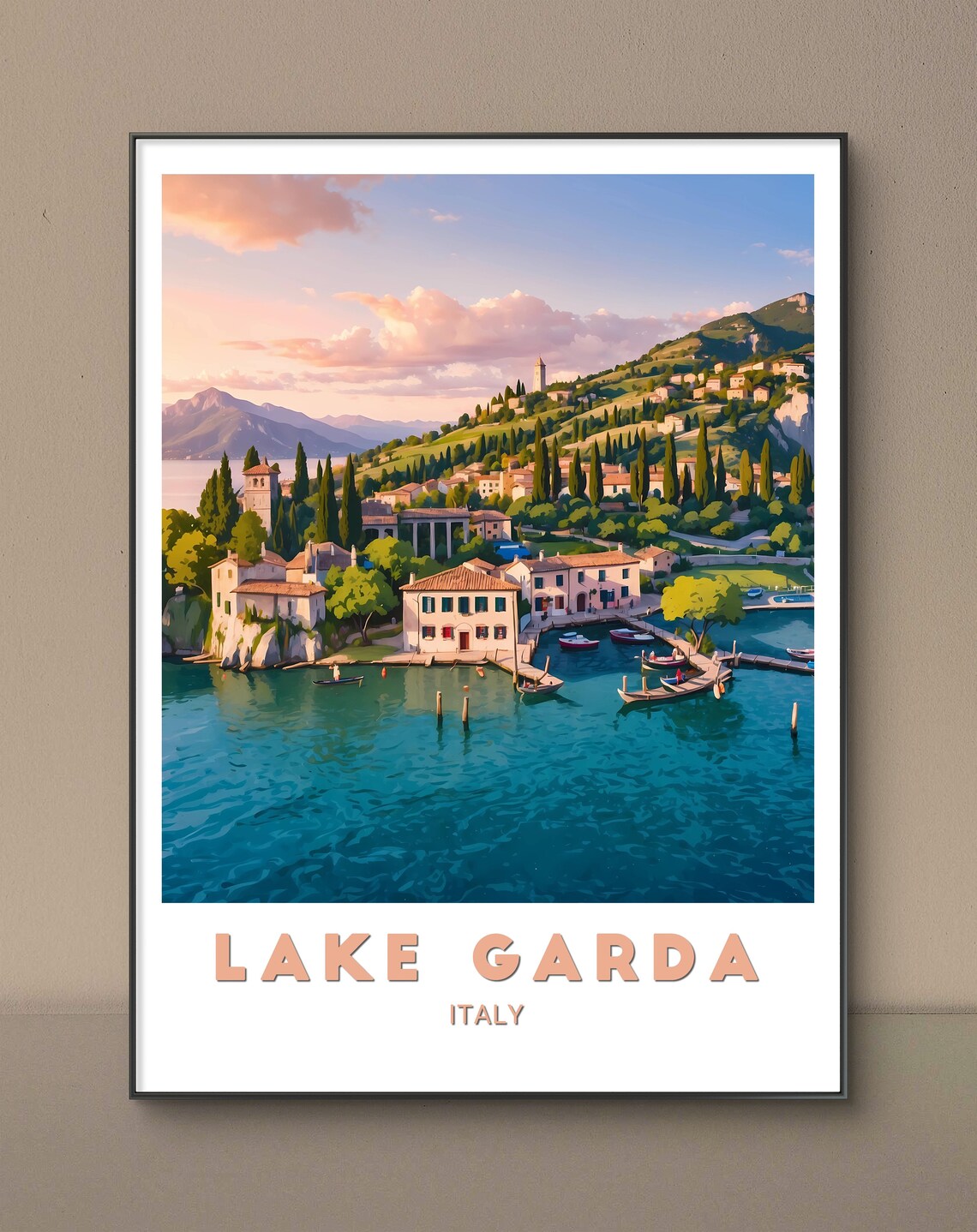 Lake Garda Italy Lakeside Village Sunset Boats Travel Poster - Image 2