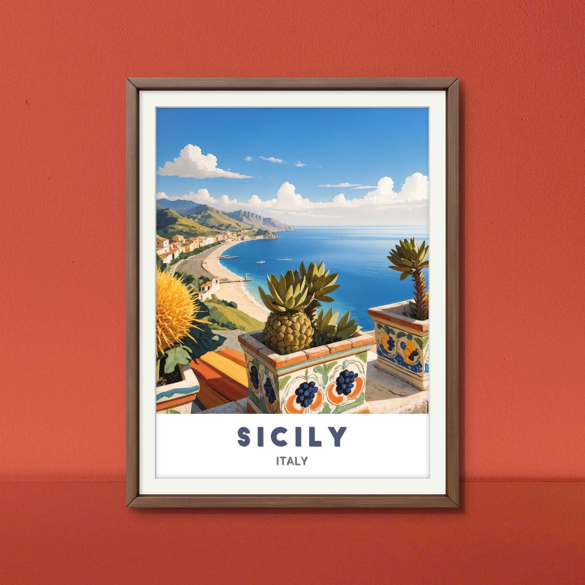 Sicily Coastal Bay Beach Pineapple Ceramic Italy Travel Poster - Image 2