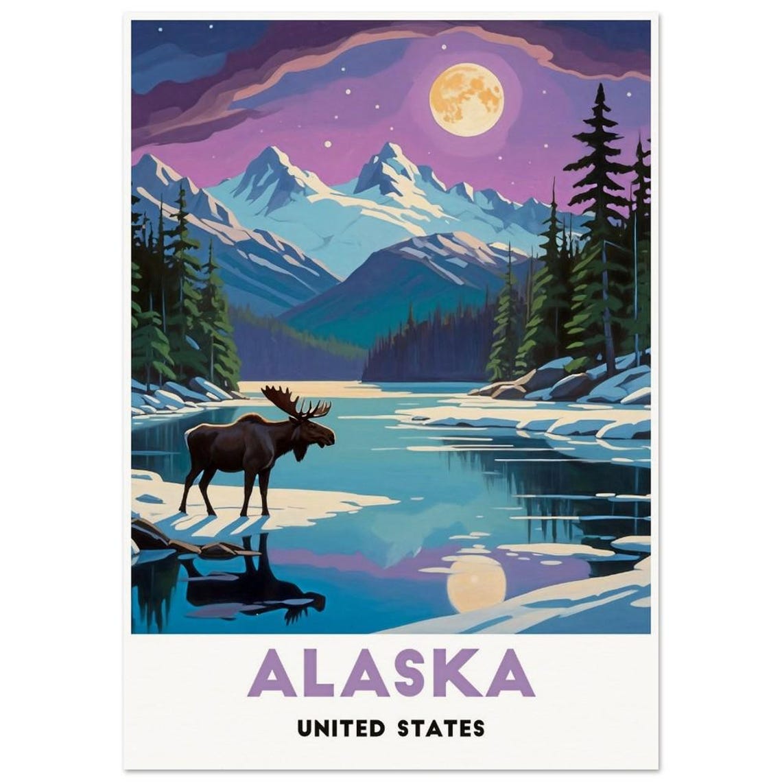 Alaska United States Poster Moonlit Wilderness With Majestic Moose - Image 3