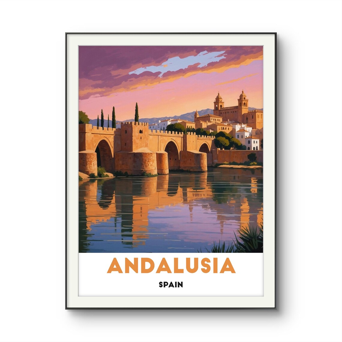 Andalusia Spain Historic Stone River Bridge At Sunset Travel Poster