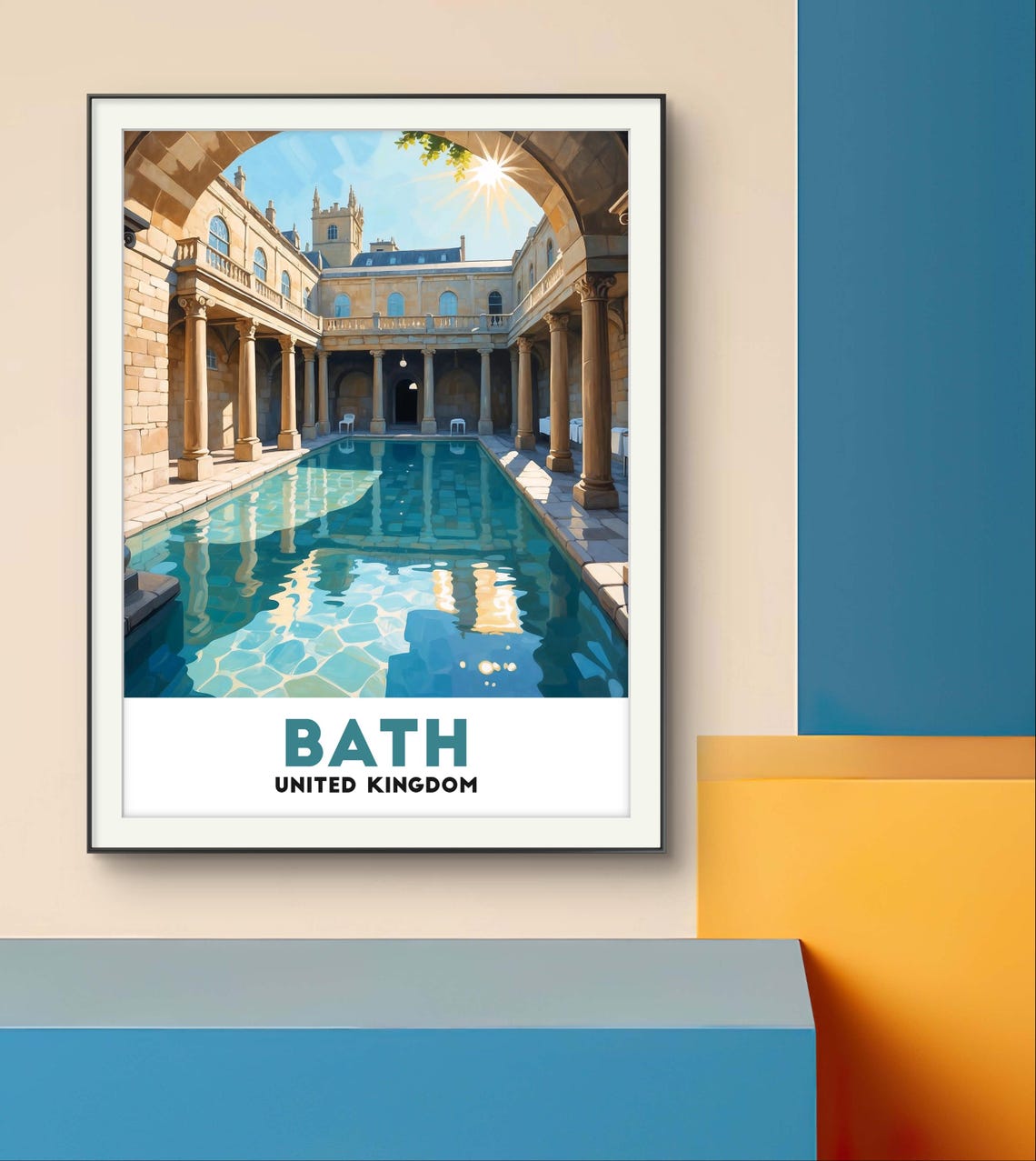 Bath United Kingdom Roman Baths Sunlit Colonnade Pool Travel Poster