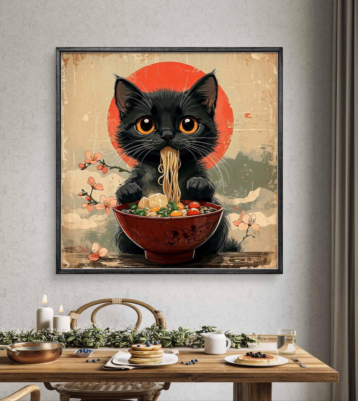 Japanese Black Cat Eating Ramen Bowl Cherry Blossom Cute Animal Poster - Image 4