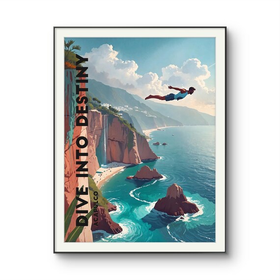 Acapulco Cliff Diver Dive Into Destiny Retro Coastal Art Poster