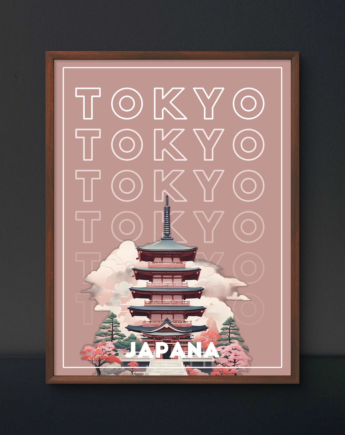Tokyo Japan Five Story Pagoda Retro Typography Travel Poster - Image 3
