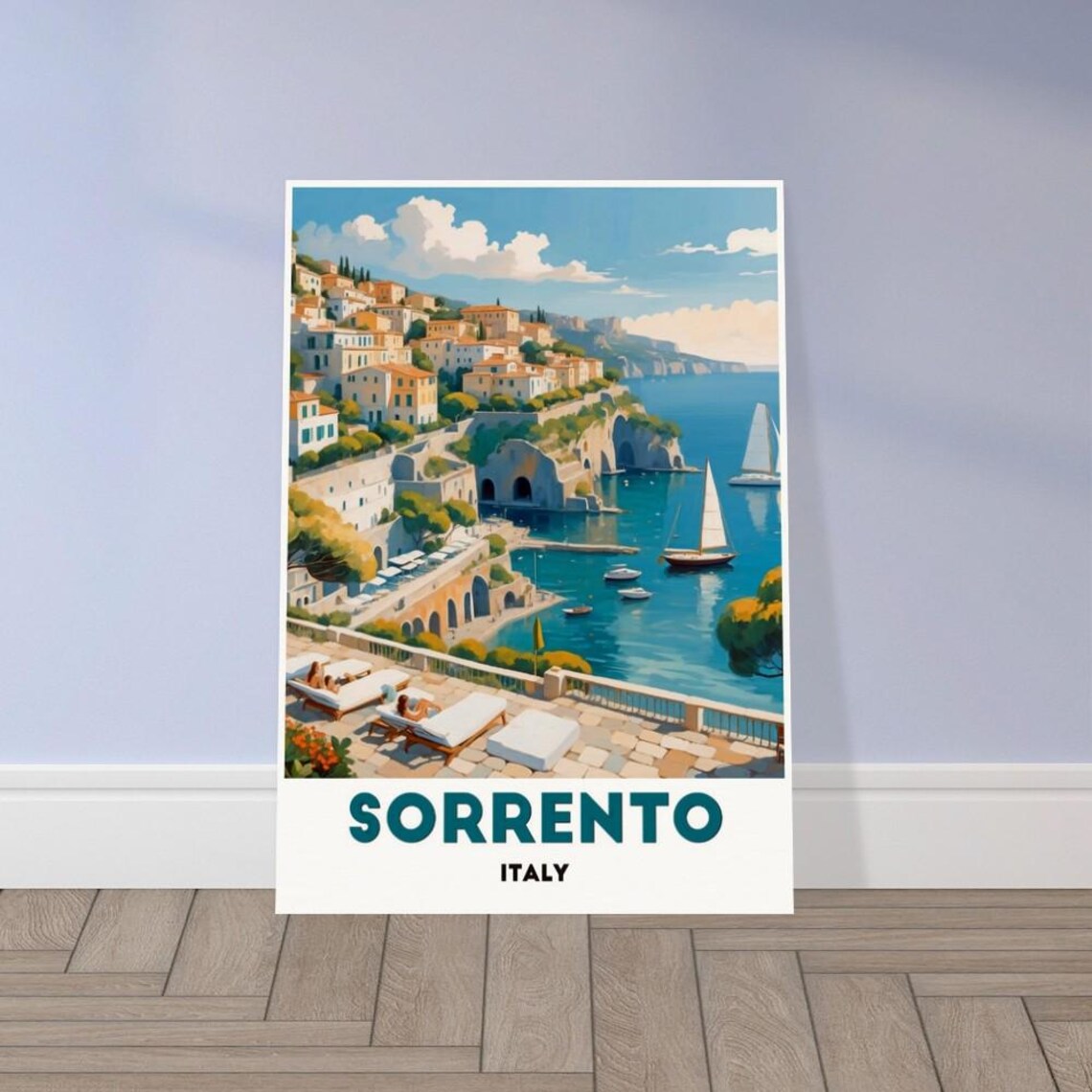 Sorrento Italy Hillside Seaside Village Sun Loungers Travel Poster