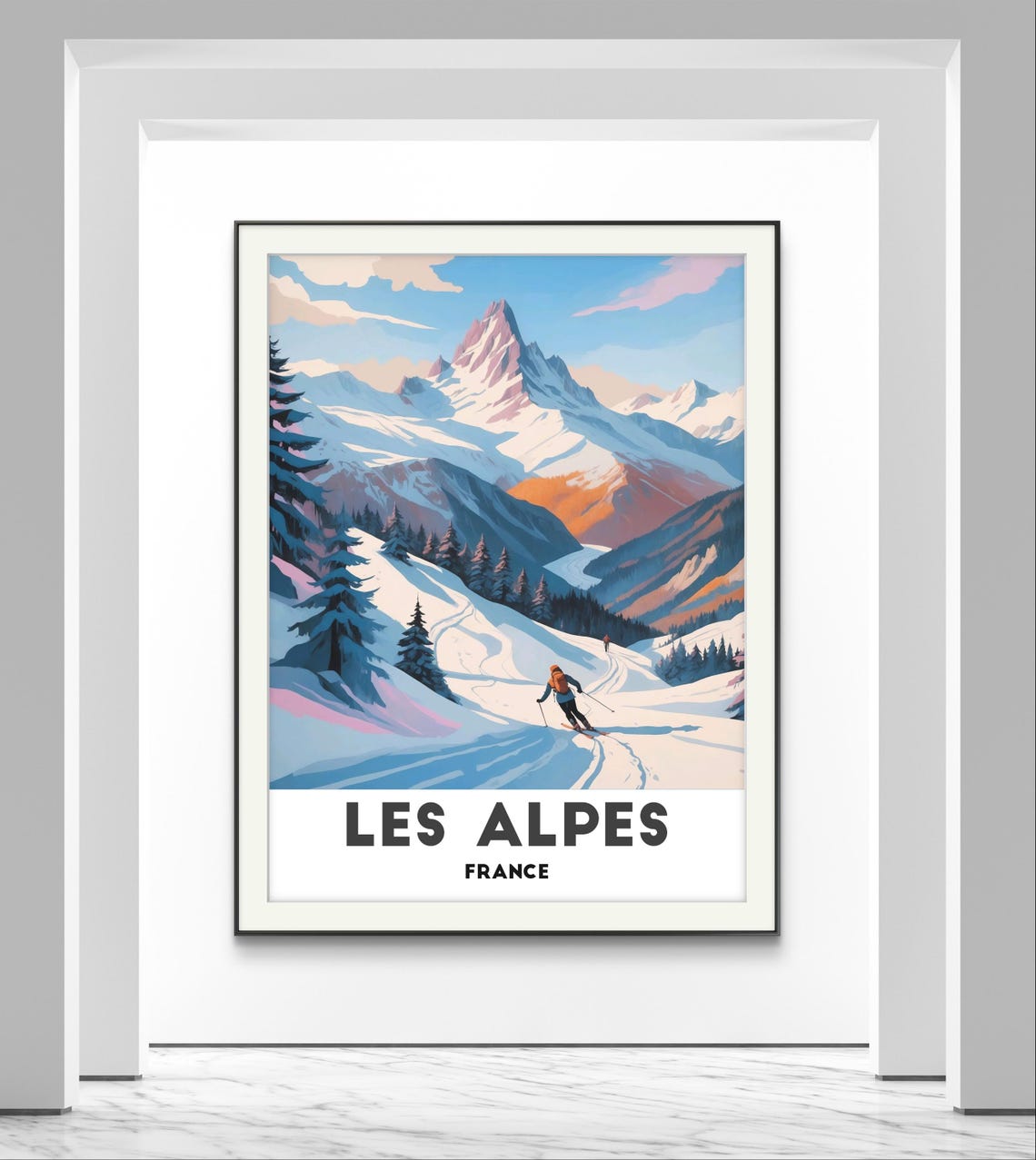 Les Alpes France Lone Skier On Snowy Alpine Slope Travel Poster