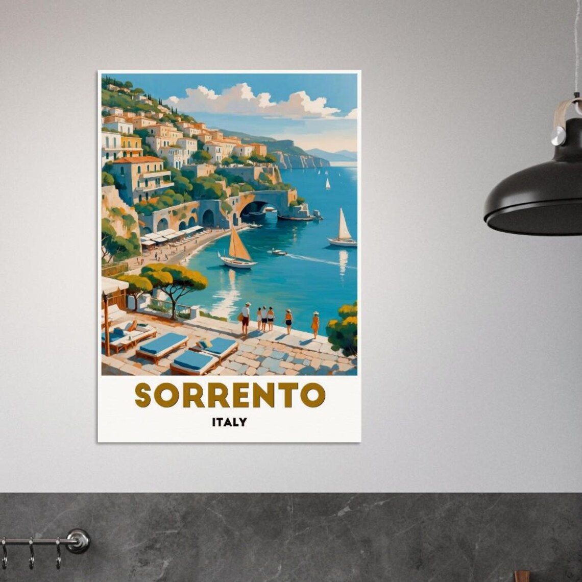 Sorrento Italy Coastal Town Terrace Sailboats Vintage Poster Art