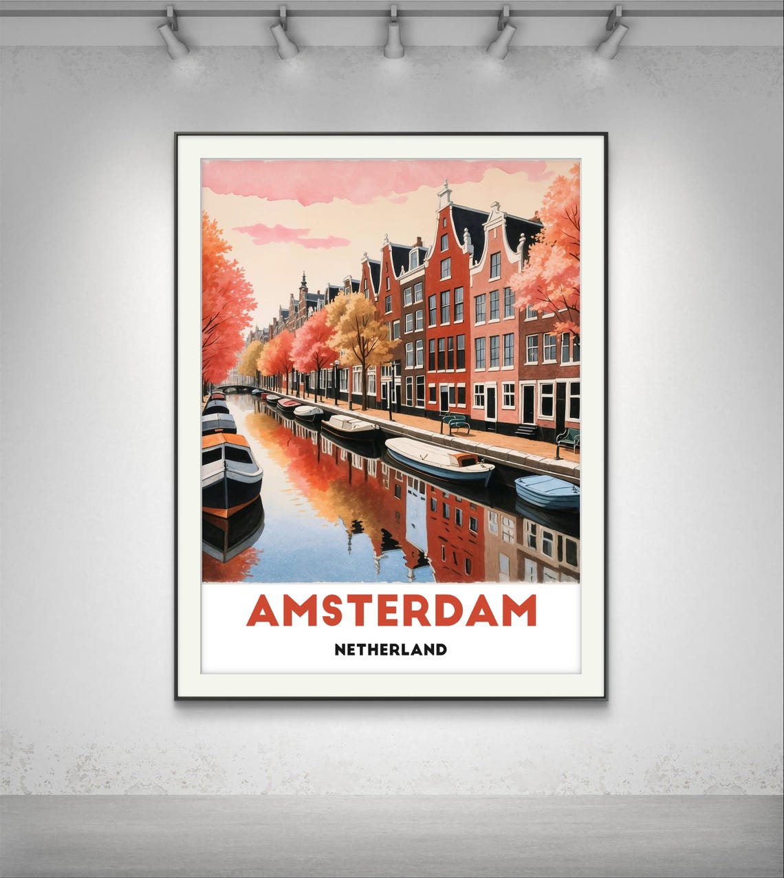 Amsterdam Netherlands Autumn Canal With Boats Watercolor Travel Poster