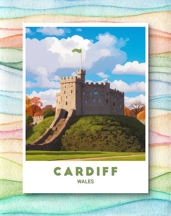 Cardiff Wales Norman Castle Keep Autumn Park Heritage Travel Poster
