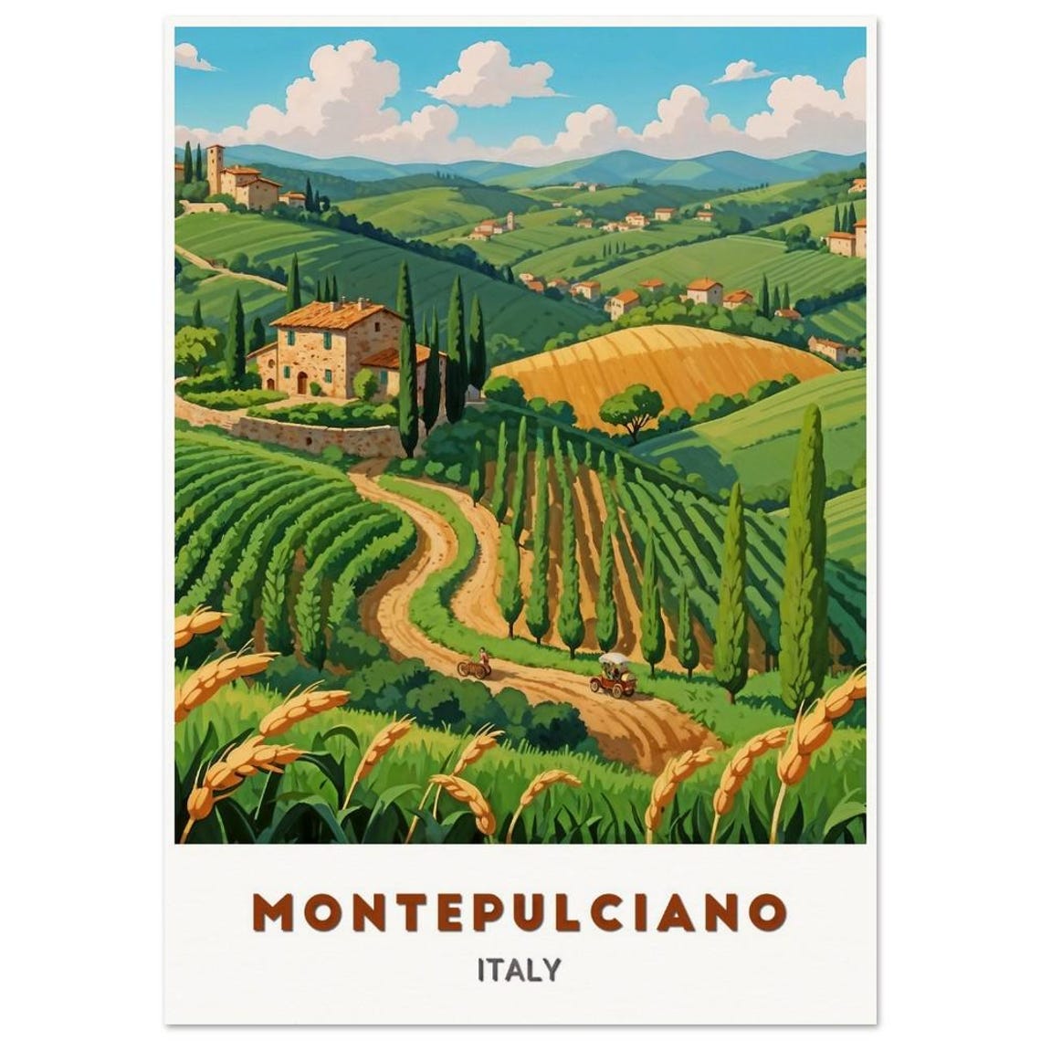 Montepulciano Italy Tuscan Countryside Vineyard Cypress Travel Poster