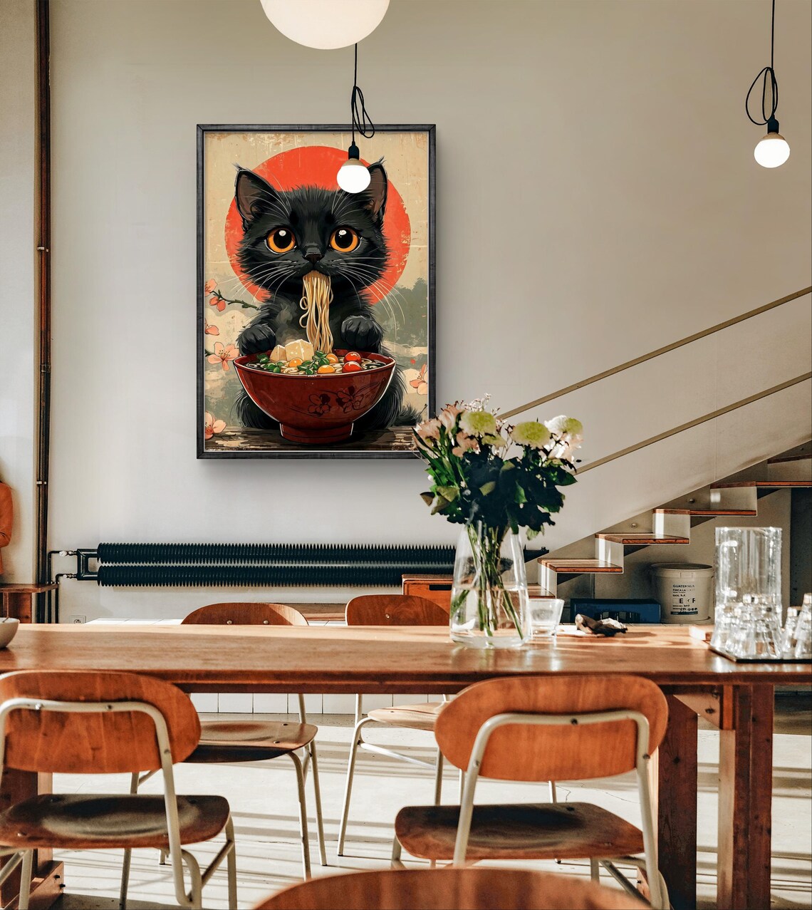 Japanese Black Cat Eating Ramen Bowl Cherry Blossom Cute Animal Poster - Image 3